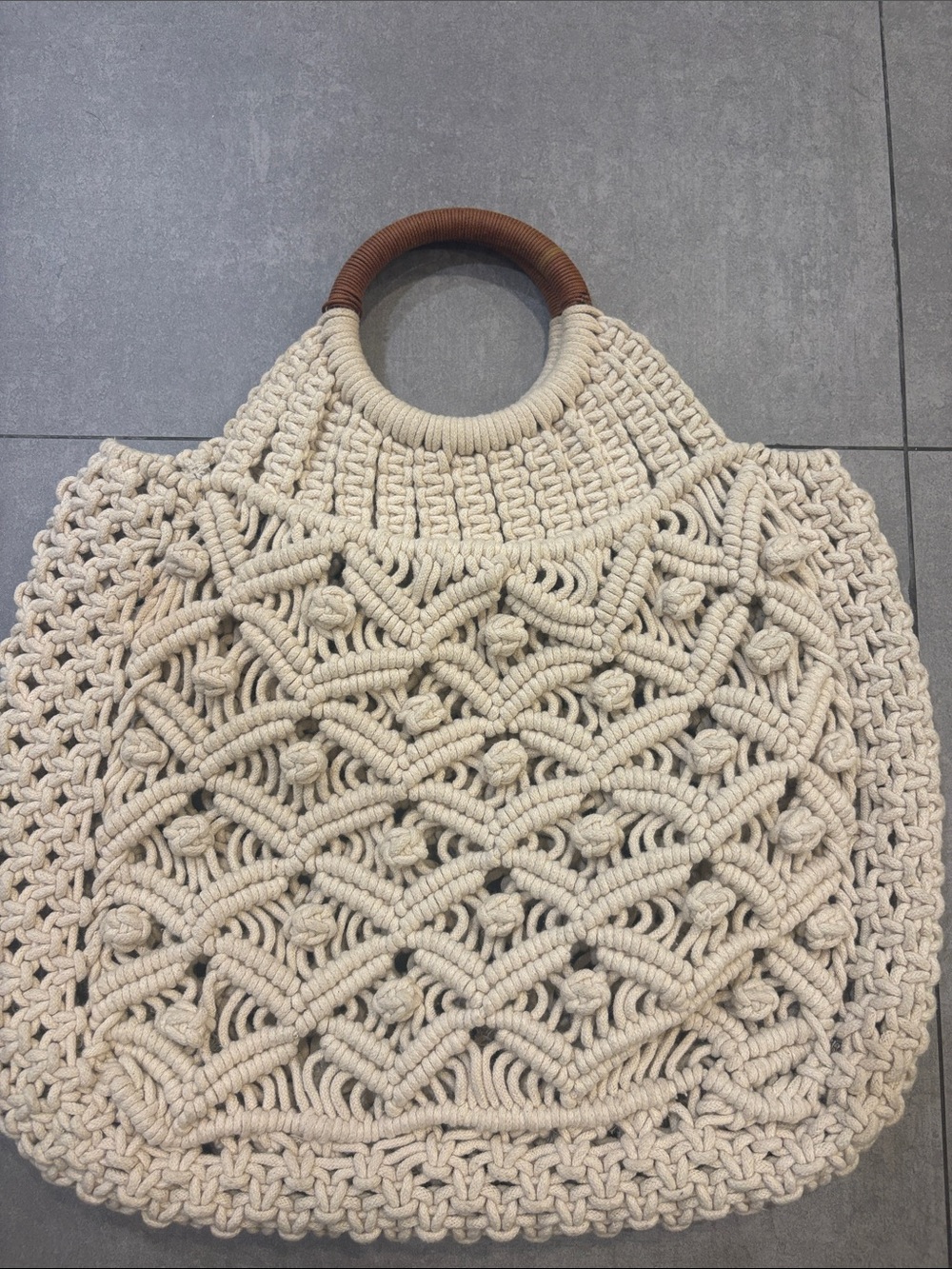 Handcrafted Cream Macramé Tote with Round Wooden Handles